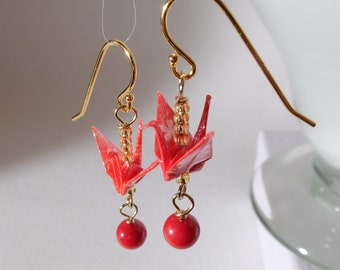 Red origami crane earrings with red coral and 18K gold on 925 silver base ear wire