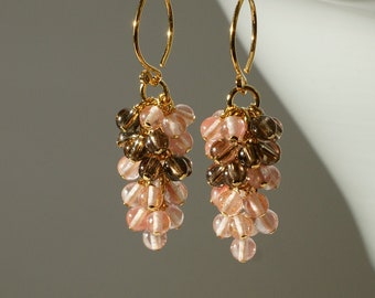 Handmade in Denmark, Cherry Quartz Grape Earrings, Smoky Quartz, 24K Gold Sterling Silver