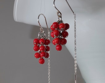 Tiny red coral grapes earrings with 925 sterling silver half threader ear wire