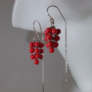 Tiny red coral grapes earrings with 925 sterling silver half threader ear wire image 1