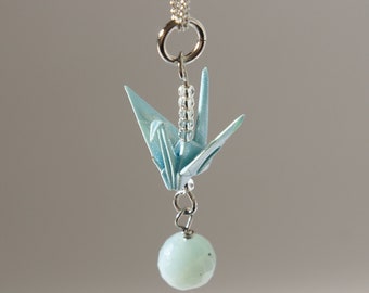 Pastel blue crane origami crane pendant and Amazonite, Origami crane necklace, Origami crane jewelry