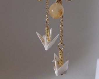 Handmade in Denmark, Clip on Origami white crane earrings with gold rutilated quartz earrings