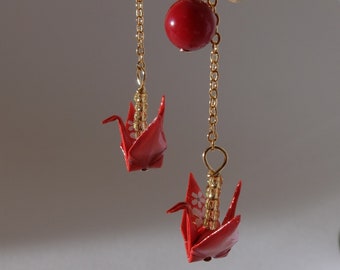 Handmade in Denmark, Clip On Origami crane earrings with red coral