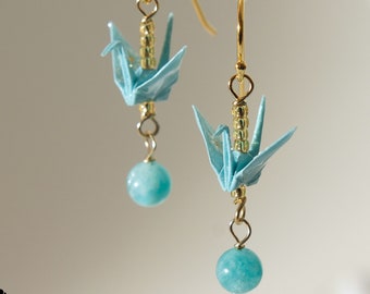 Blue origami crane earrings with Amazonite and 18k gold on 925 silver base ear wire