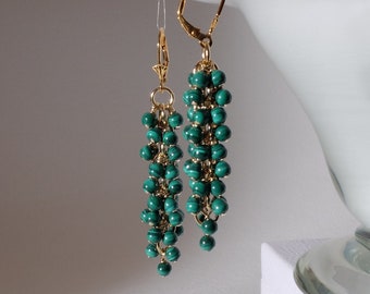 Handmade in Denmark,  Malachite cluster earrings with 24K gold on 925 sterling silver ear wire