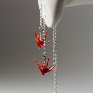 Tiny origami crane threader earrings - Red crane