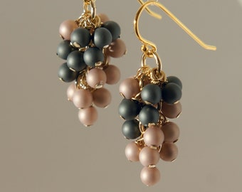 Matte beige and moss green colored beads cluster earrings with 18K gold on 925 sterling silver ear wire