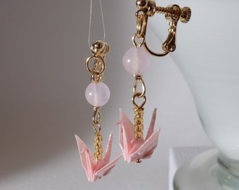 Origami crane clip on earrings - pink crane and rose quartz