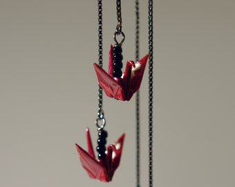 Tiny origami crane threader earrings - deep red crane with oxidised 925 silver ear threader