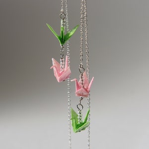 Origami cranes two floor threader earrings - light green and pink colour cranes