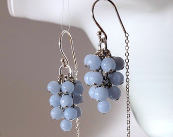 Handmade in Denmark, AA blue angelite grapes earrings with 925 sterling silver ear wire threader
