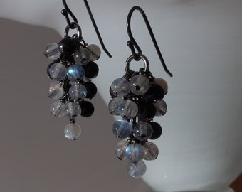 Labradorite and frosted black onyx grapes earrings with oxidised 925 silver ear wire