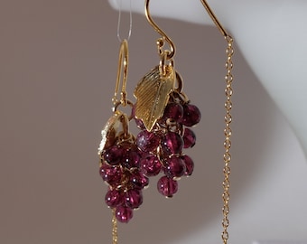 Tiny garnet grapes half threader earrings with 18K gold on 925 sterling silver ear wire