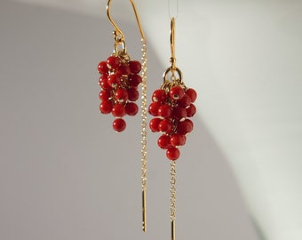 Tiny red coral grapes earrings with 18K gold on 925 sterling silver half threader ear wire