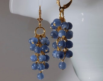 Handmade in Denmark, Kyanite Quartz Grapes Earrings, 24K Gold Sterling Silver Leverbacks