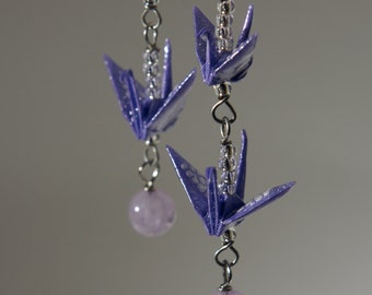 Handmade in Denmark, Origami Crane Earrings with Lavender Amethyst – Sterling Silver Hooks