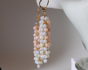 Tiny pink opal and white opalite wisteria earrings with 24K gold on 925 sterling silver ear wire