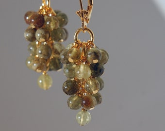 Handmade in Denmark, Green Garnet Cluster Earrings, 24K Gold Vermeil Leverback, Sterling Silver
