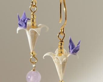 Handmade in Denmark, Origami Crane Earrings: Lavender Lilies, Amethyst, 24K Gold Vermeil