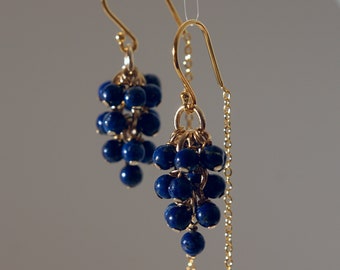 Tiny lapis lazuli half threader cluster earrings with 18k gold on 925 silver ear wire