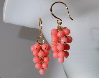 Pink coral grapes earrings and 24K gold on 925 sterling silver ear wire