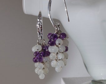 Amethyst and white chalcedony grapes earrings with 925 sterling silver ear wire