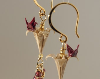 Origami earrings, micro dark red cranes on beige lilies with tiny garnet with 24K gold on 925 sterling silver base earring wire