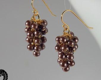 Cocoa brown color, grapes earrings with 24K gold on 925 sterling silver ear wire
