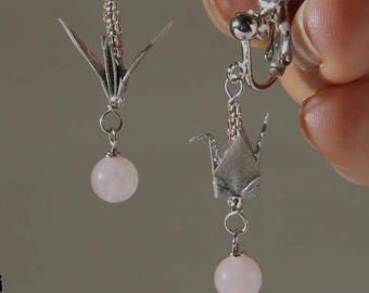 Origami crane clip on earrings - Gray crane and pink with rose quartz (October birthstone)