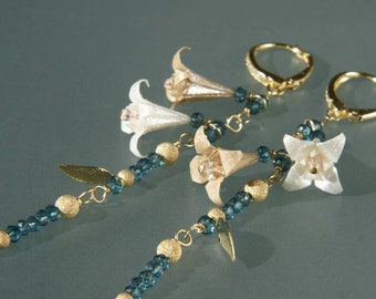 Origami earrings, Origami flower with London blue topaz
