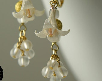 Origami lily clip on earrings with frosted white rock crystal quartz, Origami Jewelry