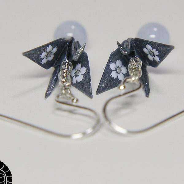 Origami crane jewelry, Origami crane earrings with blue lace agate - blue gray crane