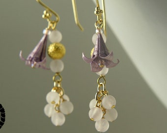 Origami lily earrings with frosted rose quartz, origami jewellery, origami earrings