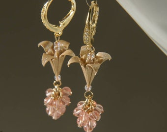 Origami jewelry, Origami lily earrings, beige lilies with cherry quartz cluster and leverback earring hooks