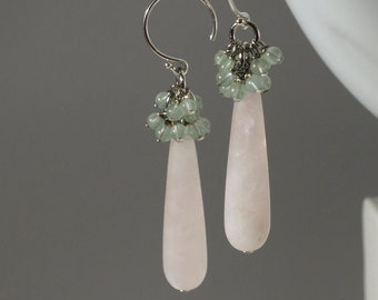 Handmade in Denmark, Frosted rose quartz with green aventurine earrings