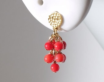 Handmade in Denmark, Tiny Red Coral with 24K gold on 925 Sterling Silver Stud Earrings