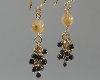 Handmade in Denmark, Handmade in DenmarkGolden Rutilated Quartz Earrings, Black Onyx, 24K Gold Vermeil