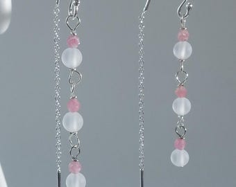 Handmade in Denmark, Pink Tourmaline Sterling Silver Threader Earrings, Frosted Crystal