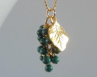 Handmade in Denmark, AA malachite grapes pendant with 24K gold on 925 sterling silver leaf charm and chain pendant