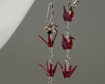 Handmade in Denmark, Origami Crane Earrings, Sterling Silver, Red Japanese Senbazuru