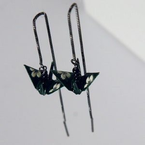 Origami crane threader earrings - deep green crane with oxidised 925 silver ear threader