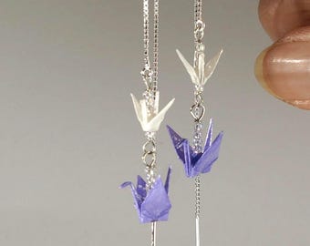 Handmade in Denmark, Lavender and White Origami Two Floors Cranes Threader Earrings