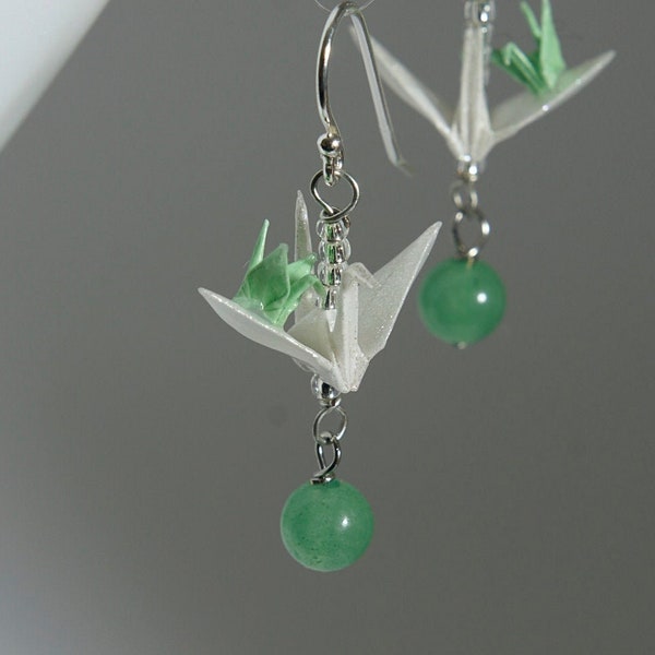 Origami mum and baby crane earrings with jade gemstone - white mum and pastel green baby