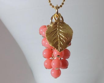 Handmade in Denmark, Grapes pendant with AA pink coral with 14K gold on 925 sterling silver chain