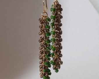 Long Green Jade & Smoky Quartz Earrings, 24K Gold Vermeil, Made in Denmark