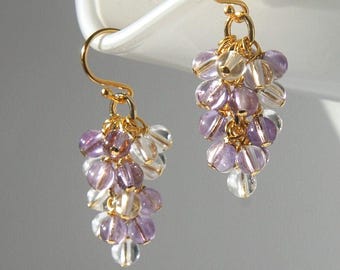 AAA natural clear rock quartz and lavender amethyst grapes earrings