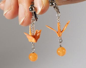 Origami Jewelry, Origami Crane Earrings - Orange