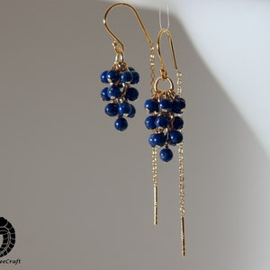 Tiny lapis lazuli half threader cluster earrings with 18k gold on 925 silver ear wire image 2