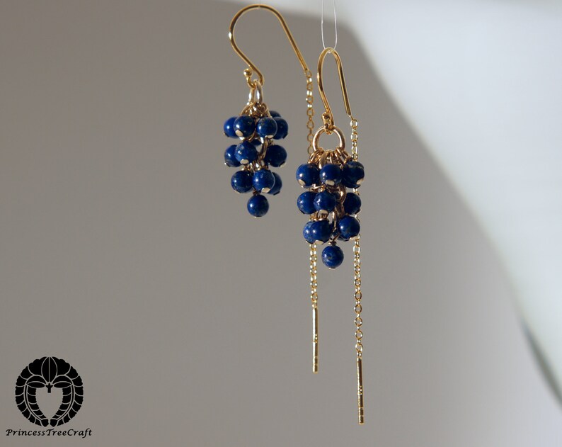 Tiny lapis lazuli half threader cluster earrings with 18k gold on 925 silver ear wire image 2