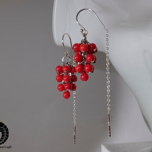 Tiny red coral grapes earrings with 925 sterling silver half threader ear wire image 2